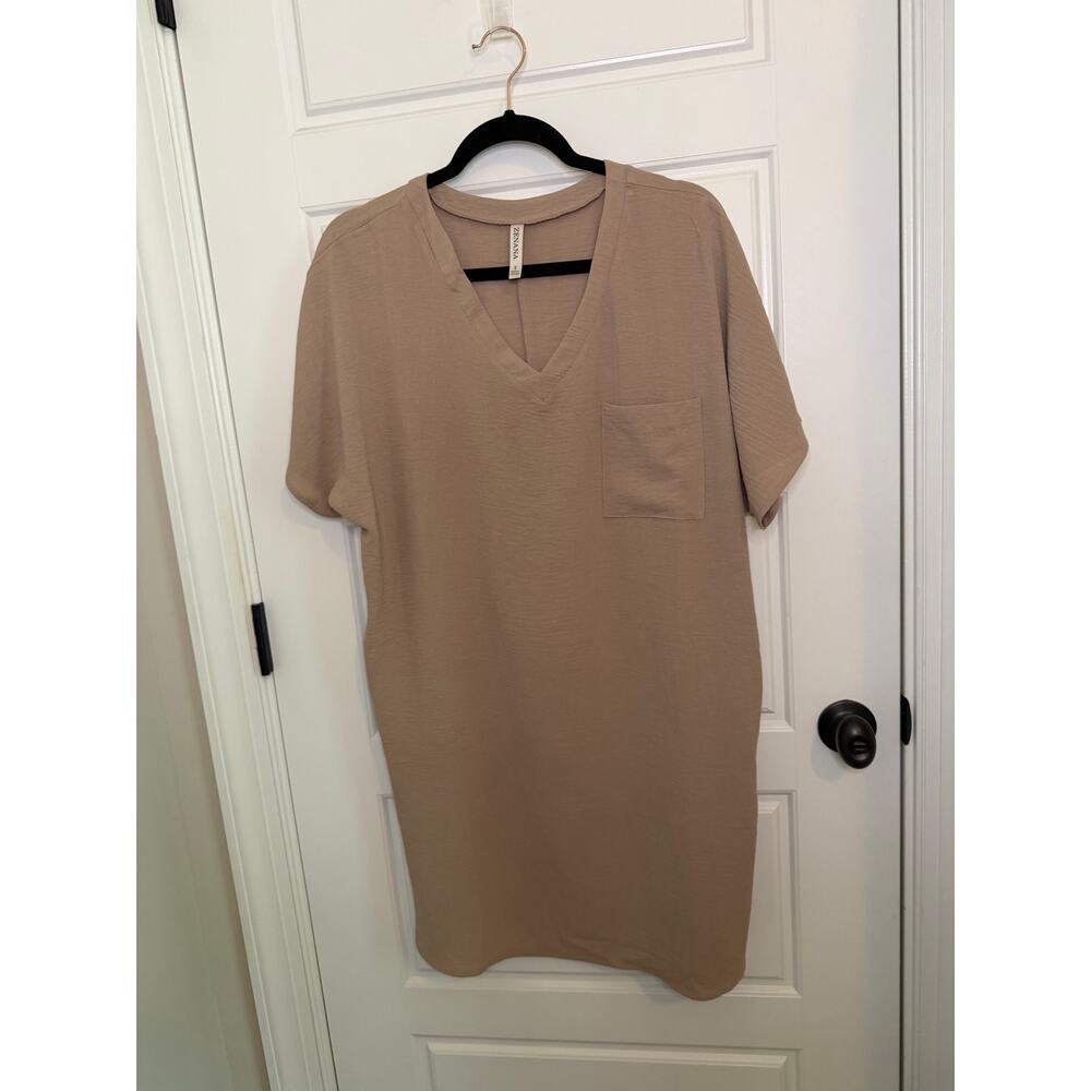 Zenana Small Tan Short Sleeve Shift Dress V Neck Pockets Oversized Casual